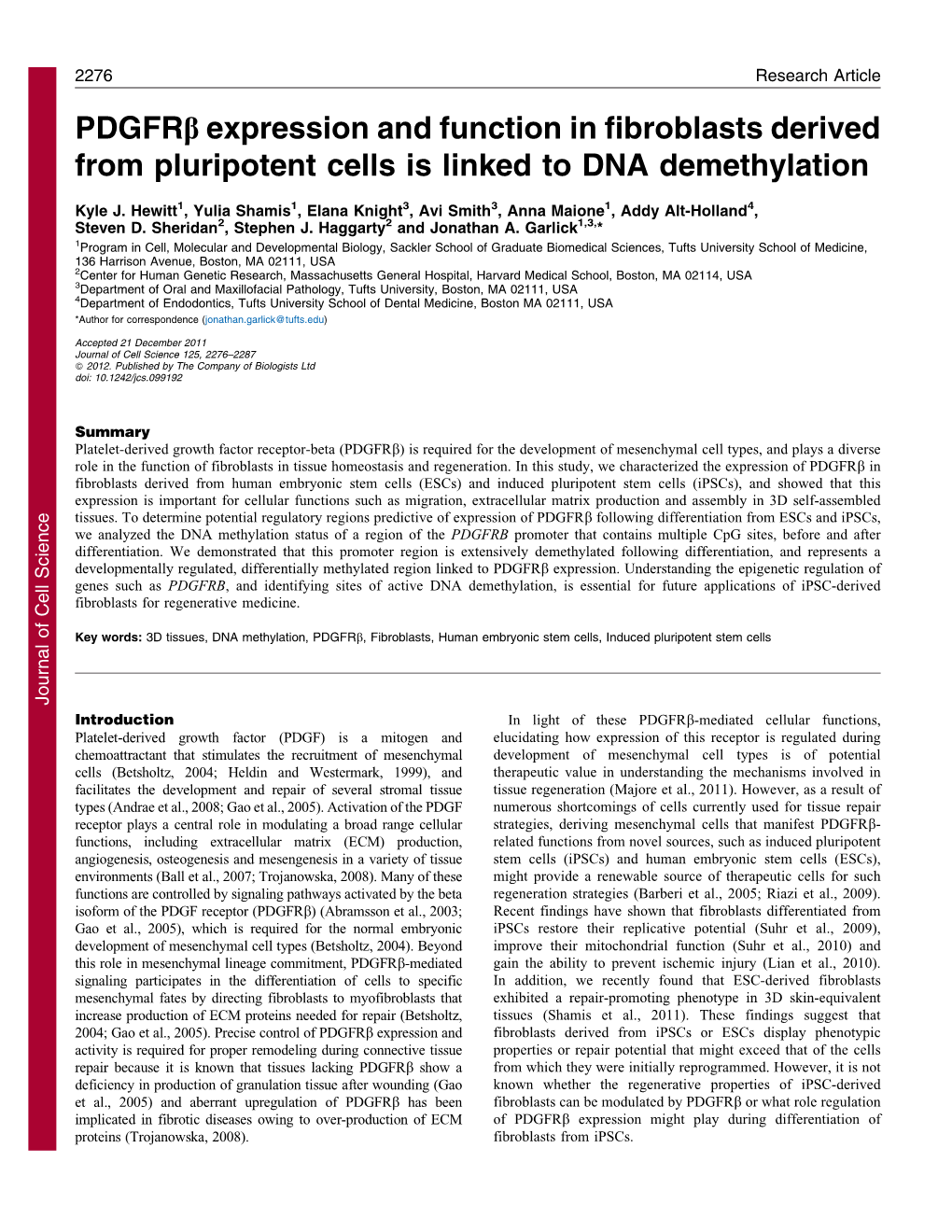 Pdgfrb Expression and Function in Fibroblasts Derived from Pluripotent Cells Is Linked to DNA Demethylation