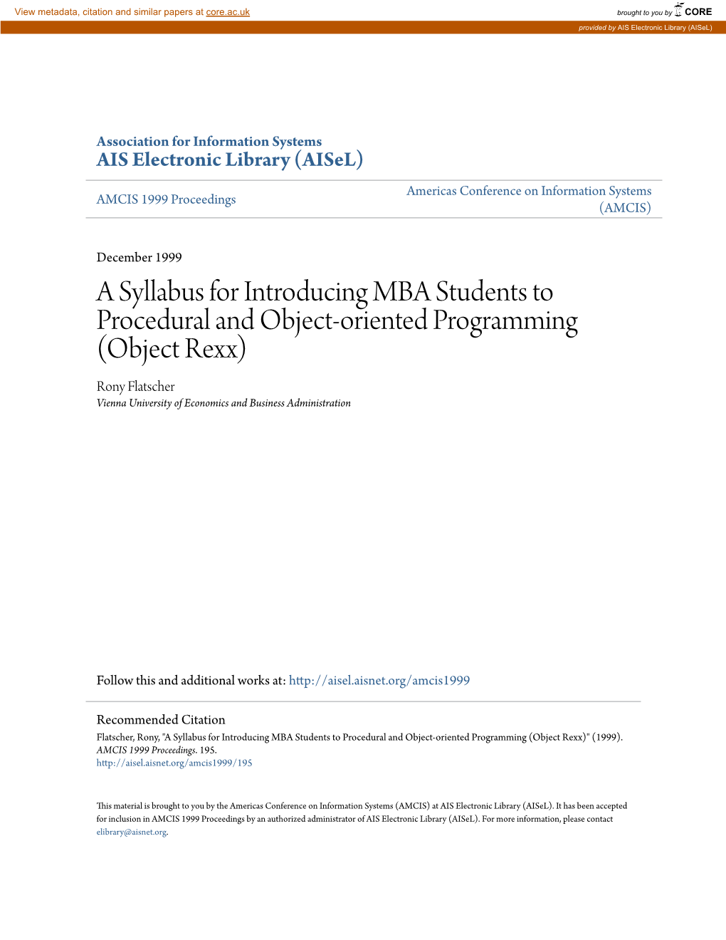 A Syllabus for Introducing MBA Students to Procedural And