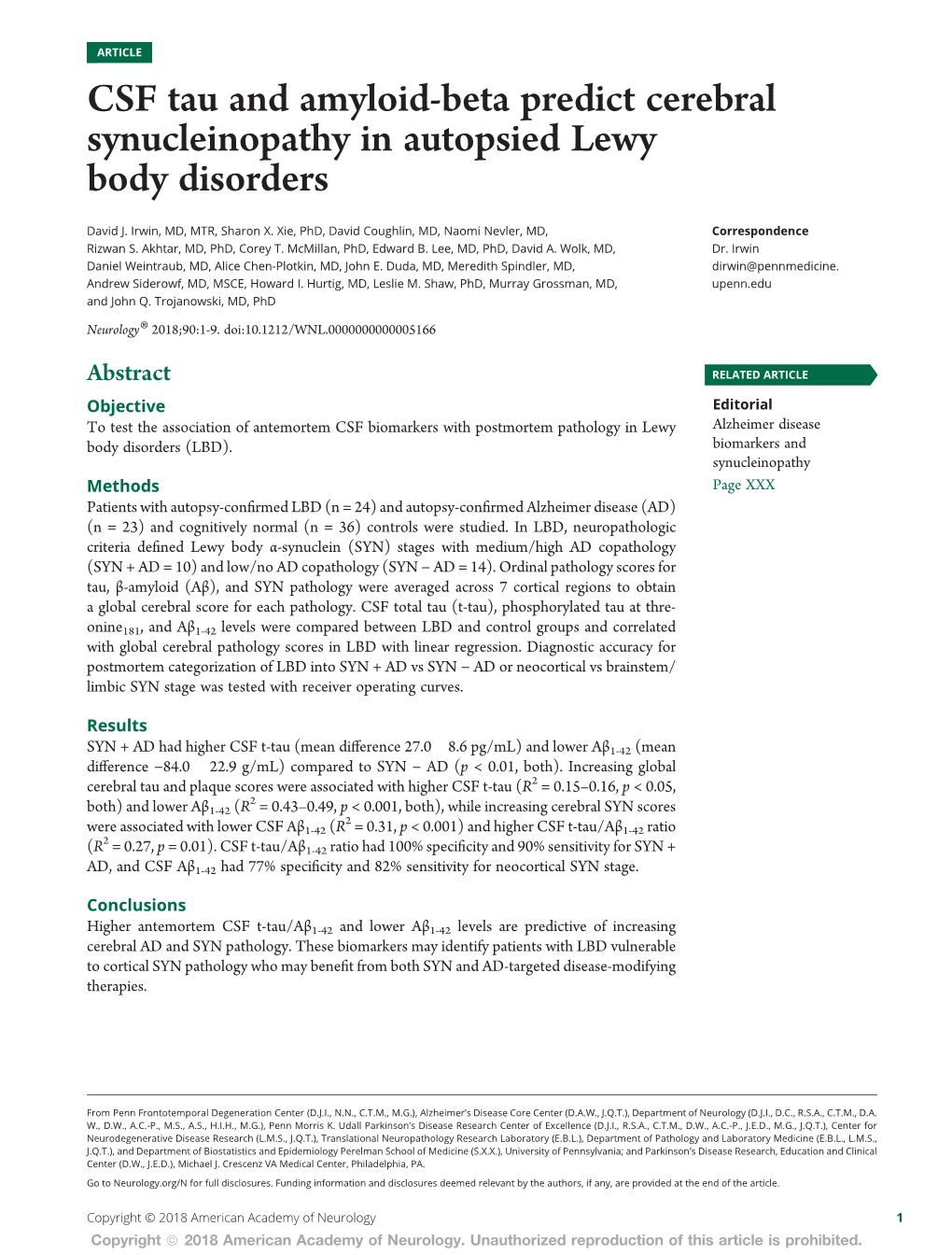 CSF Tau and Amyloid-Beta Predict Cerebral Synucleinopathy in Autopsied Lewy Body Disorders