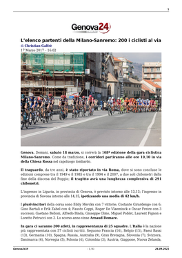 L'elenco Partenti Della Milano-Sanremo: 200 I Ciclisti Al