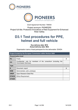 D3.1 Test Procedures for PPE, Helmet and Full Vehicle