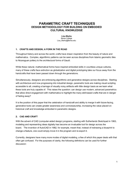 Parametric Craft Techniques Design Methodology for Building on Embodied Cultural Knowledge