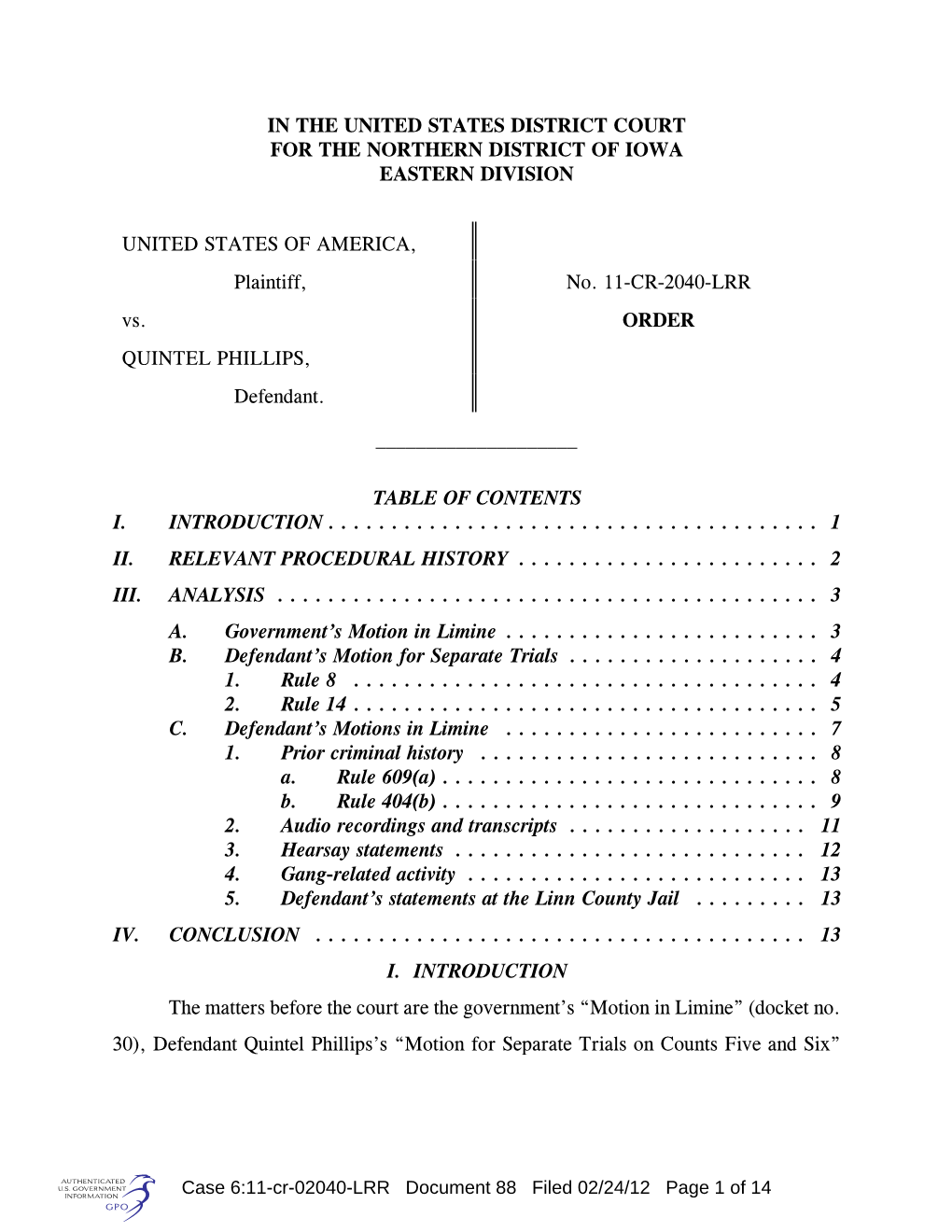 In the United States District Court for the Northern District of Iowa Eastern Division