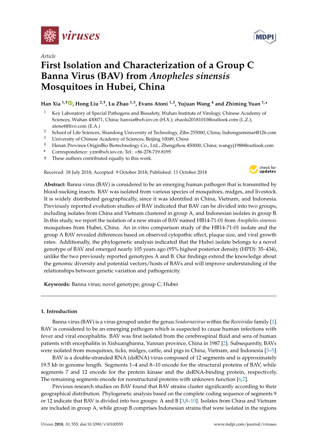 First Isolation and Characterization of a Group C Banna Virus (BAV) from Anopheles Sinensis Mosquitoes in Hubei, China