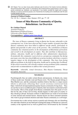 Issues of Shia Hazara Community of Quetta, Balochistan: an Overview Dr