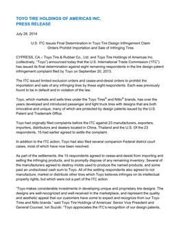 Toyo Tire Holdings of Americas Inc. Press Release
