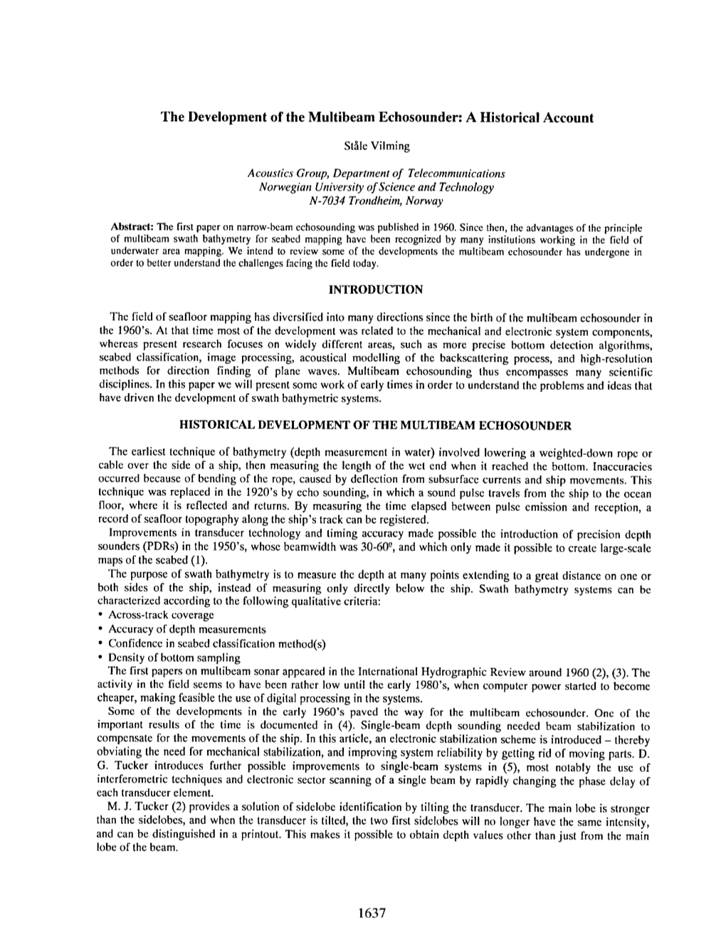 The Development of the Multibeam Echosounder: a Historical Account