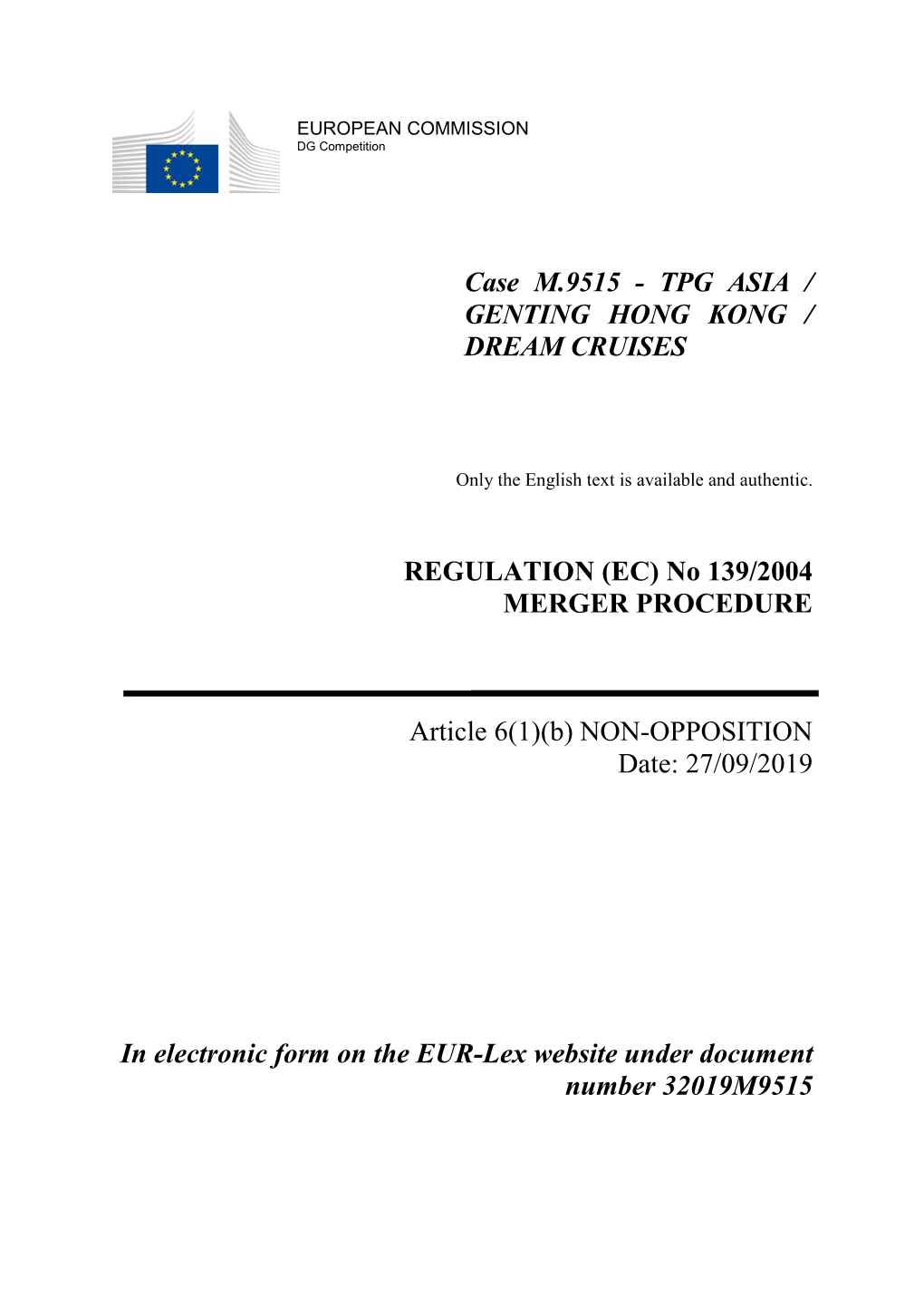 Case M.9515 - TPG ASIA / GENTING HONG KONG / DREAM CRUISES