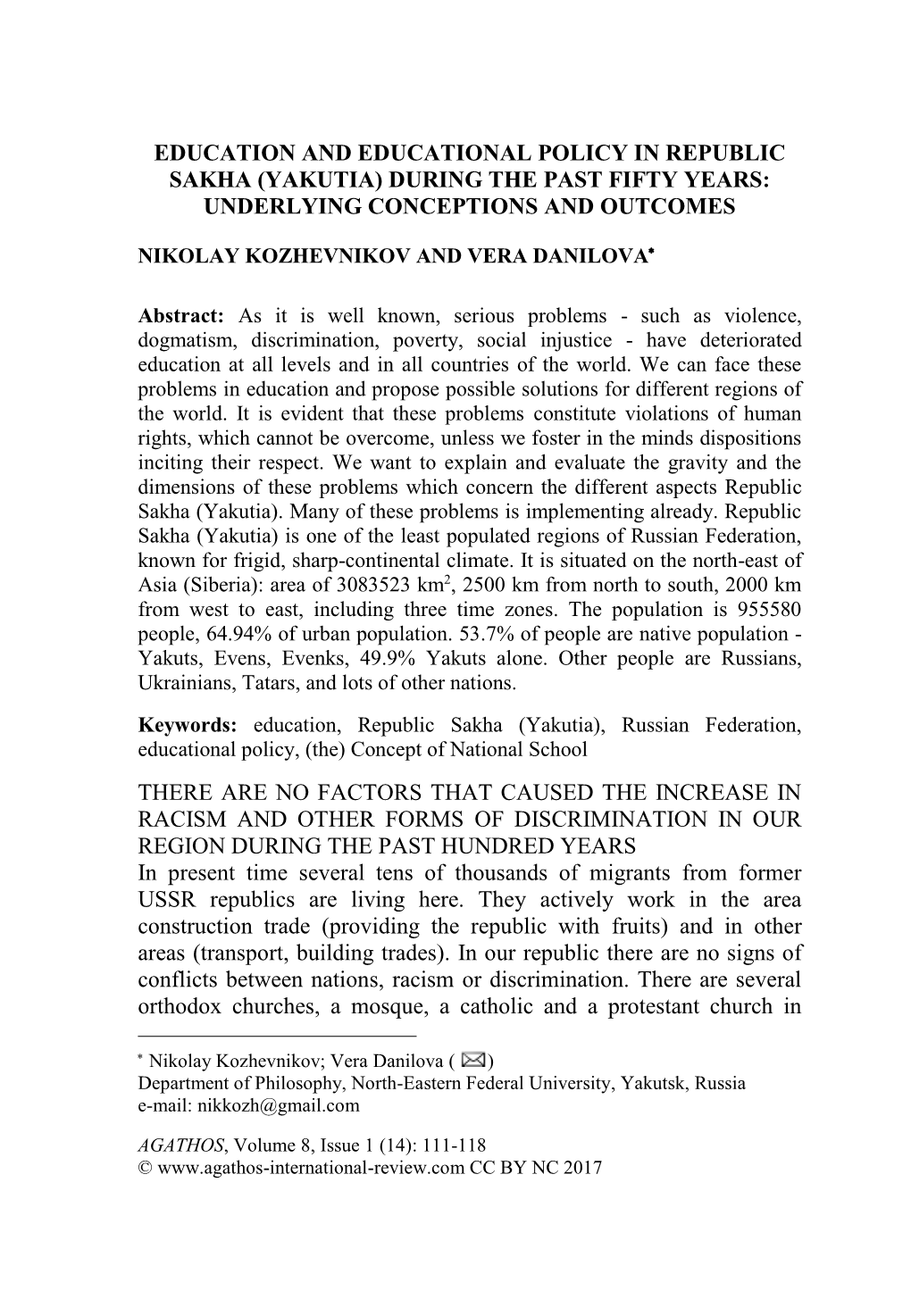 Education and Educational Policy in Republic Sakha (Yakutia) During the Past Fifty Years: Underlying Conceptions and Outcomes