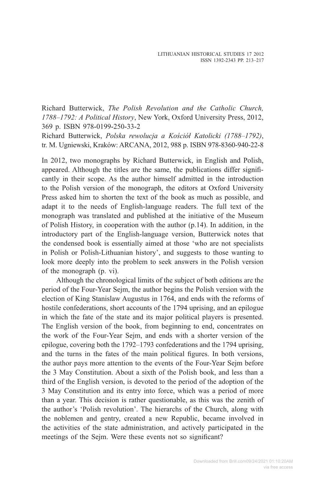 Richard Butterwick, the Polish Revolution and the Catholic Church, 1788–1792: a Political History, New York, Oxford University Press, 2012, 369 P