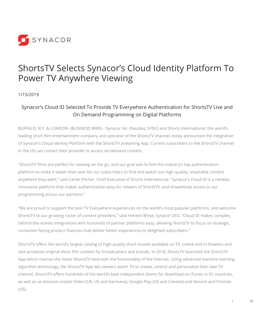 Shortstv Selects Synacor's Cloud Identity Platform to Power