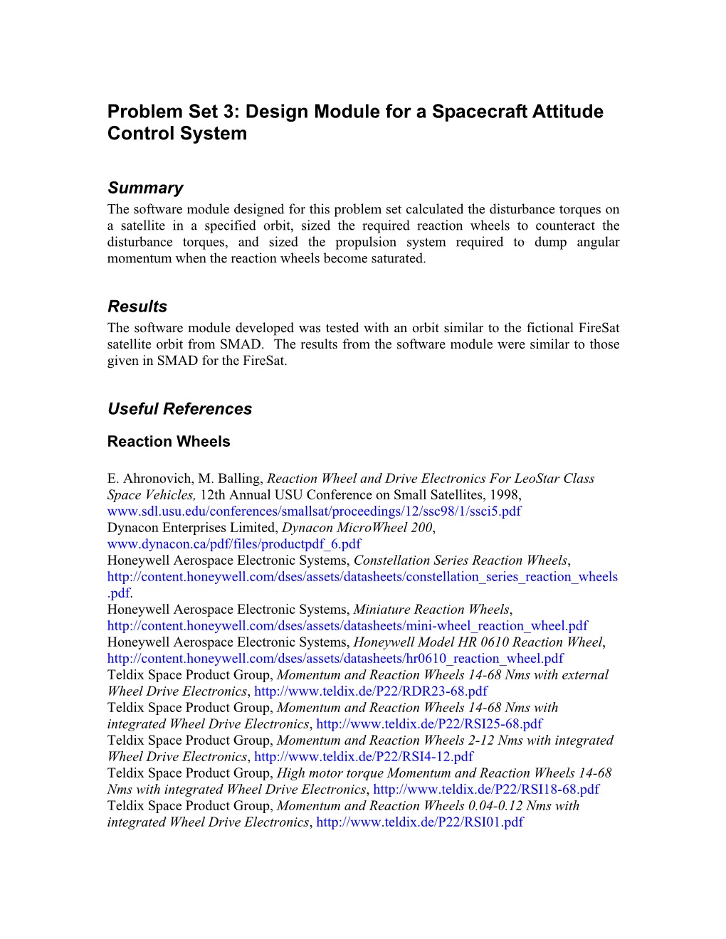 Problem Set 3: Design Module for a Spacecraft Attitude Control System