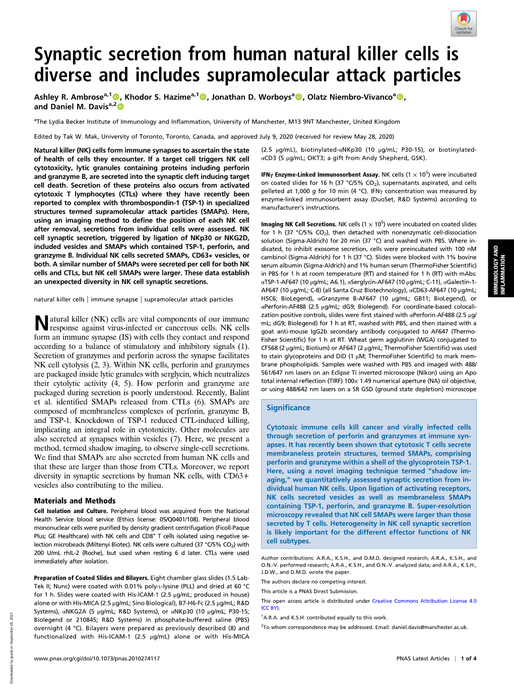 Synaptic Secretion from Human Natural Killer Cells Is Diverse and Includes Supramolecular Attack Particles