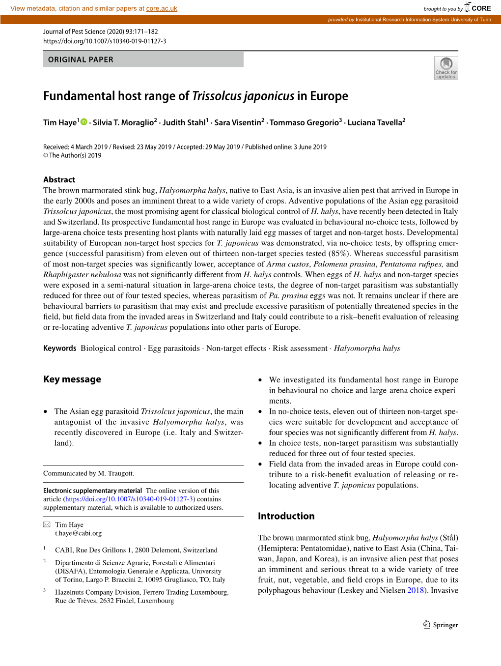 Fundamental Host Range of Trissolcus Japonicus in Europe