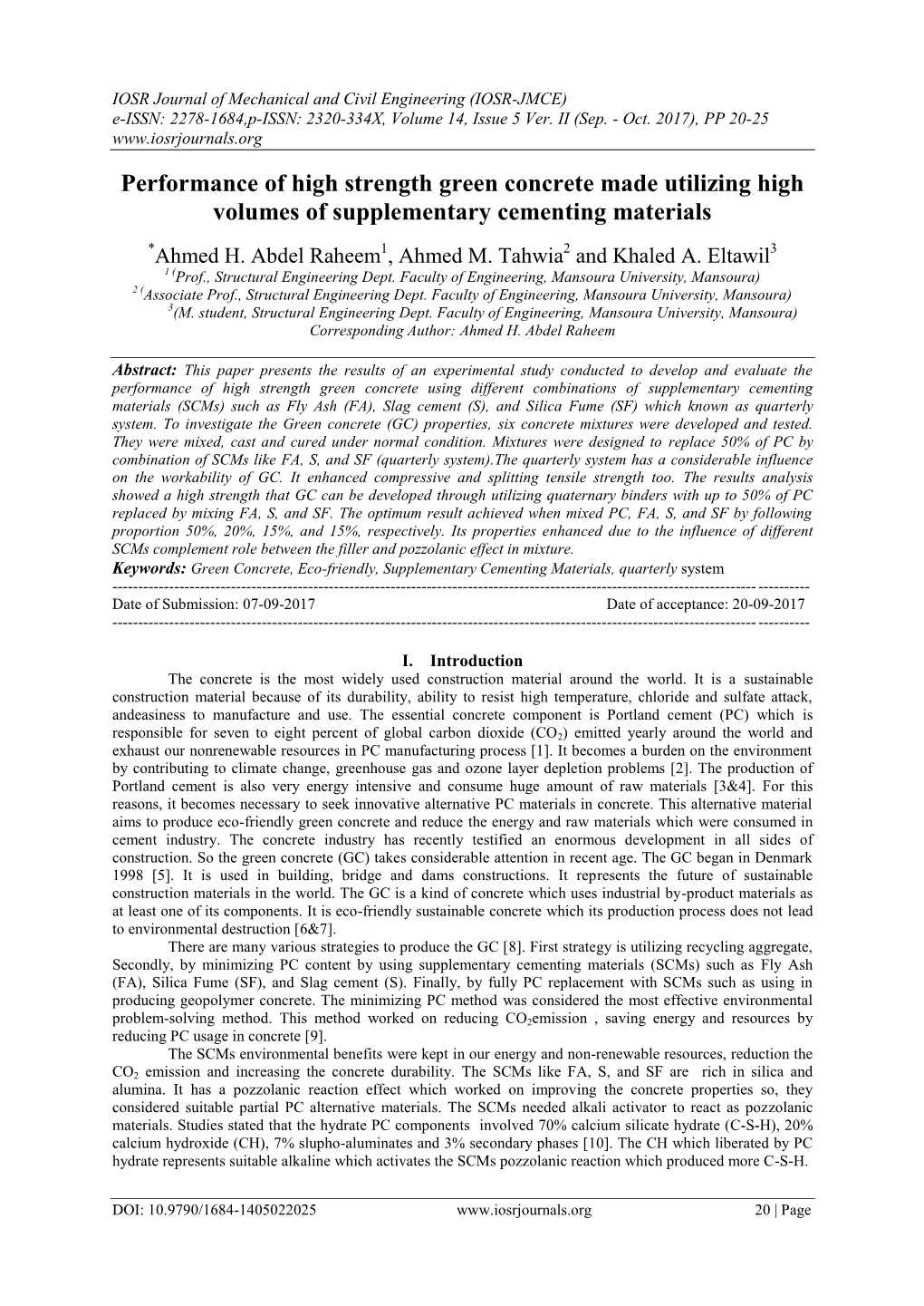 Performance of High Strength Green Concrete Made Utilizing High Volumes of Supplementary Cementing Materials