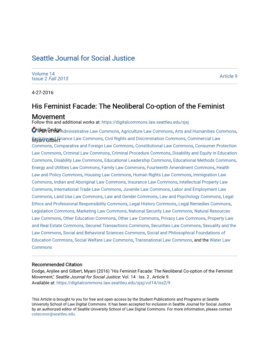 His Feminist Facade: the Neoliberal Co-Option of the Feminist Movement Follow This and Additional Works At