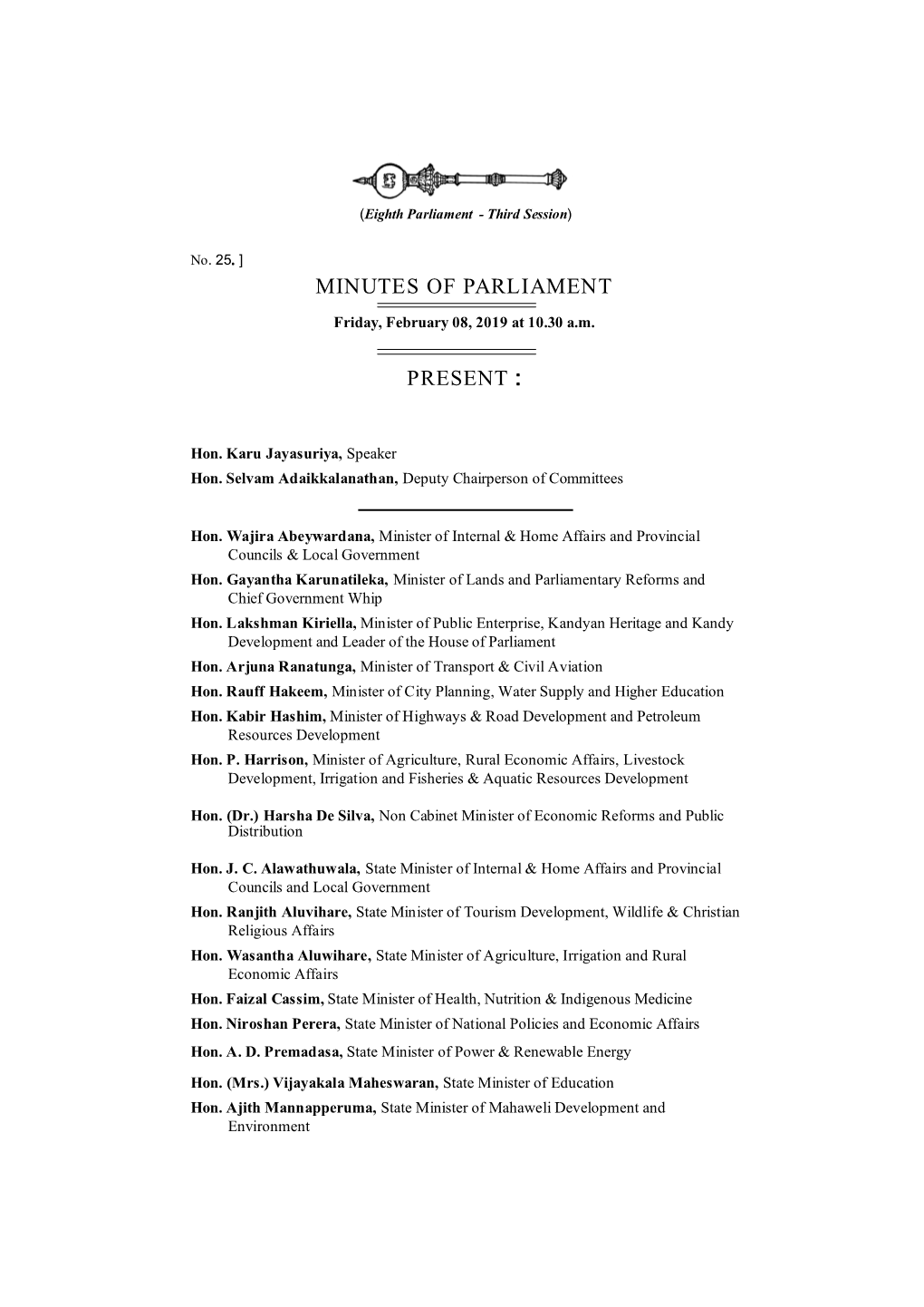 Minutes of Parliament for 08.02.2019