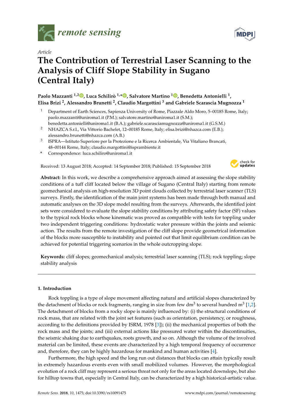 The Contribution of Terrestrial Laser Scanning to the Analysis of Cliff Slope Stability in Sugano (Central Italy)