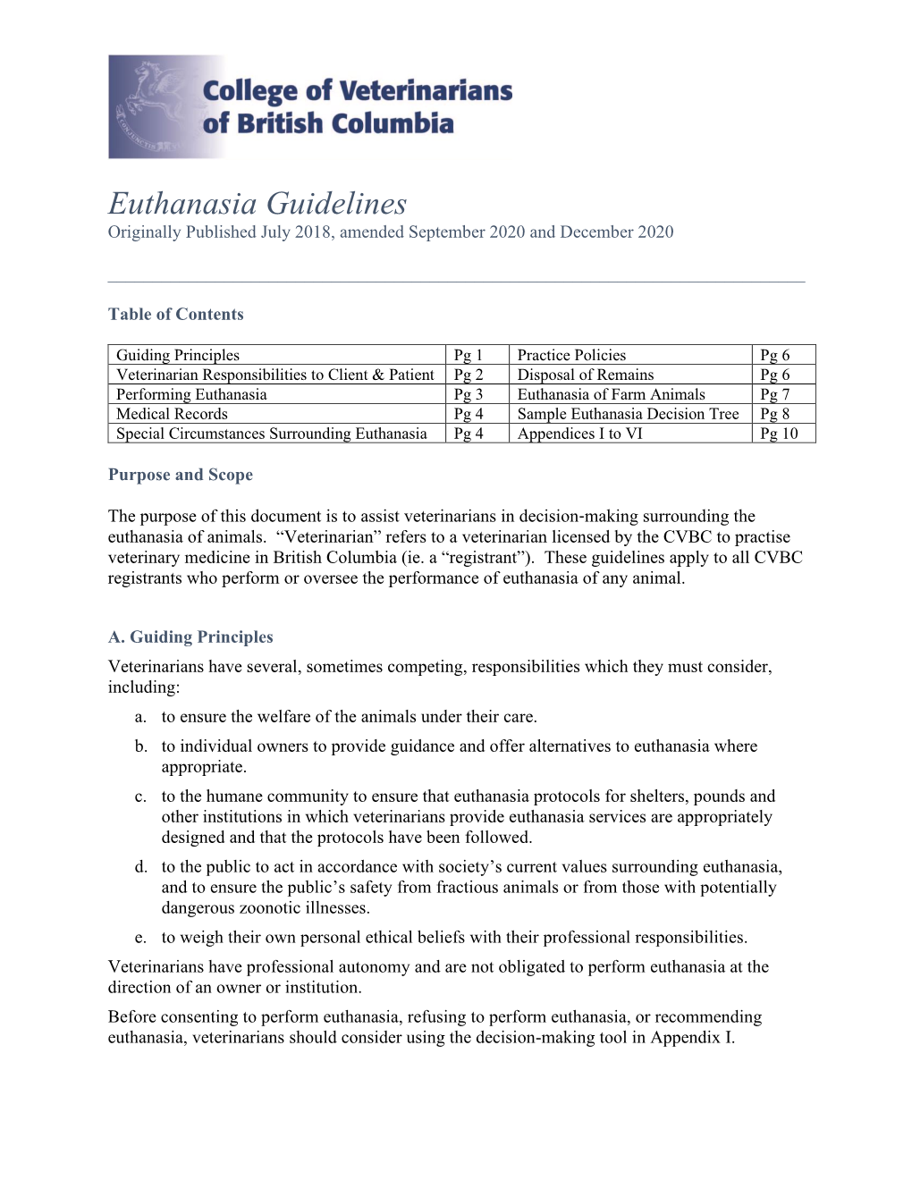 Euthanasia Guidelines Originally Published July 2018, Amended September 2020 and December 2020