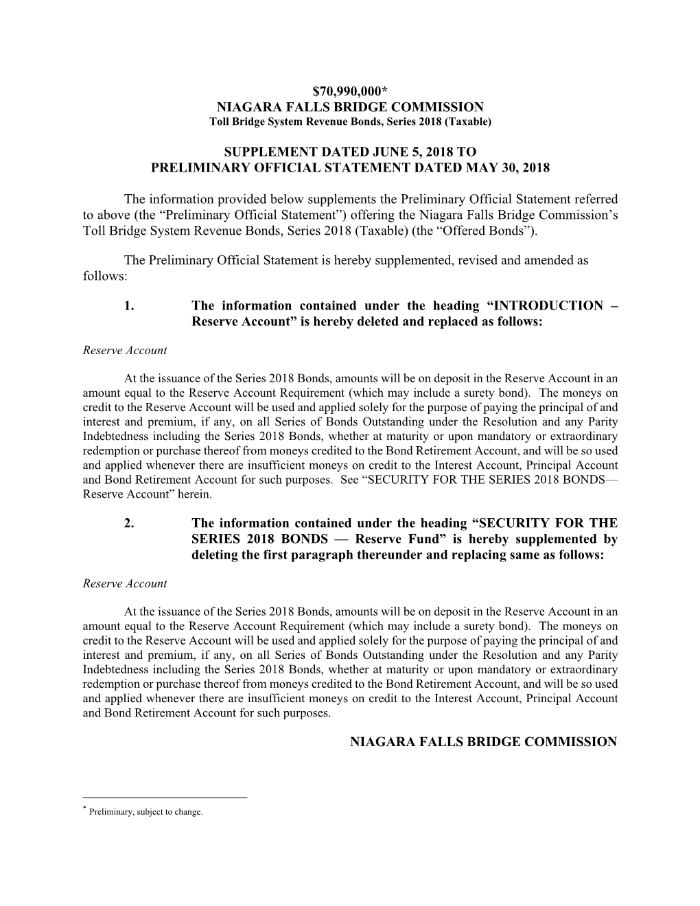 NIAGARA FALLS BRIDGE COMMISSION Toll Bridge System Revenue Bonds, Series 2018 (Taxable)