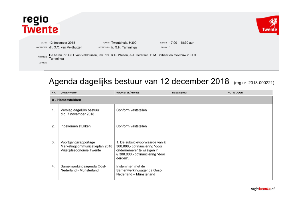 Agenda Dagelijks Bestuur Van 12 December 2018 (Reg.Nr