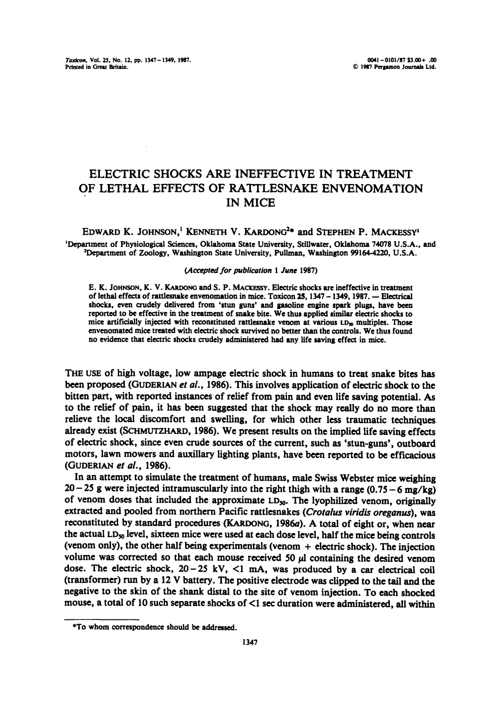 Electric Shocks Are Ineffective in Treatment of Lethal Effects of Rattlesnake Envenomation in Mice