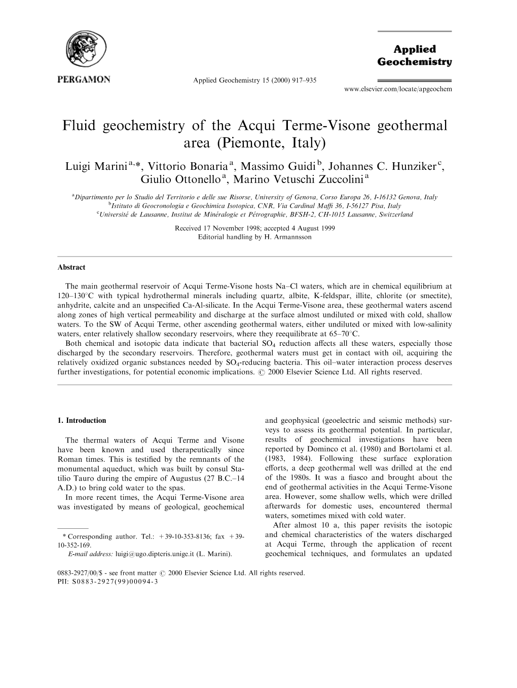 Fluid Geochemistry of the Acqui Terme-Visone Geothermal Area (Piemonte, Italy)