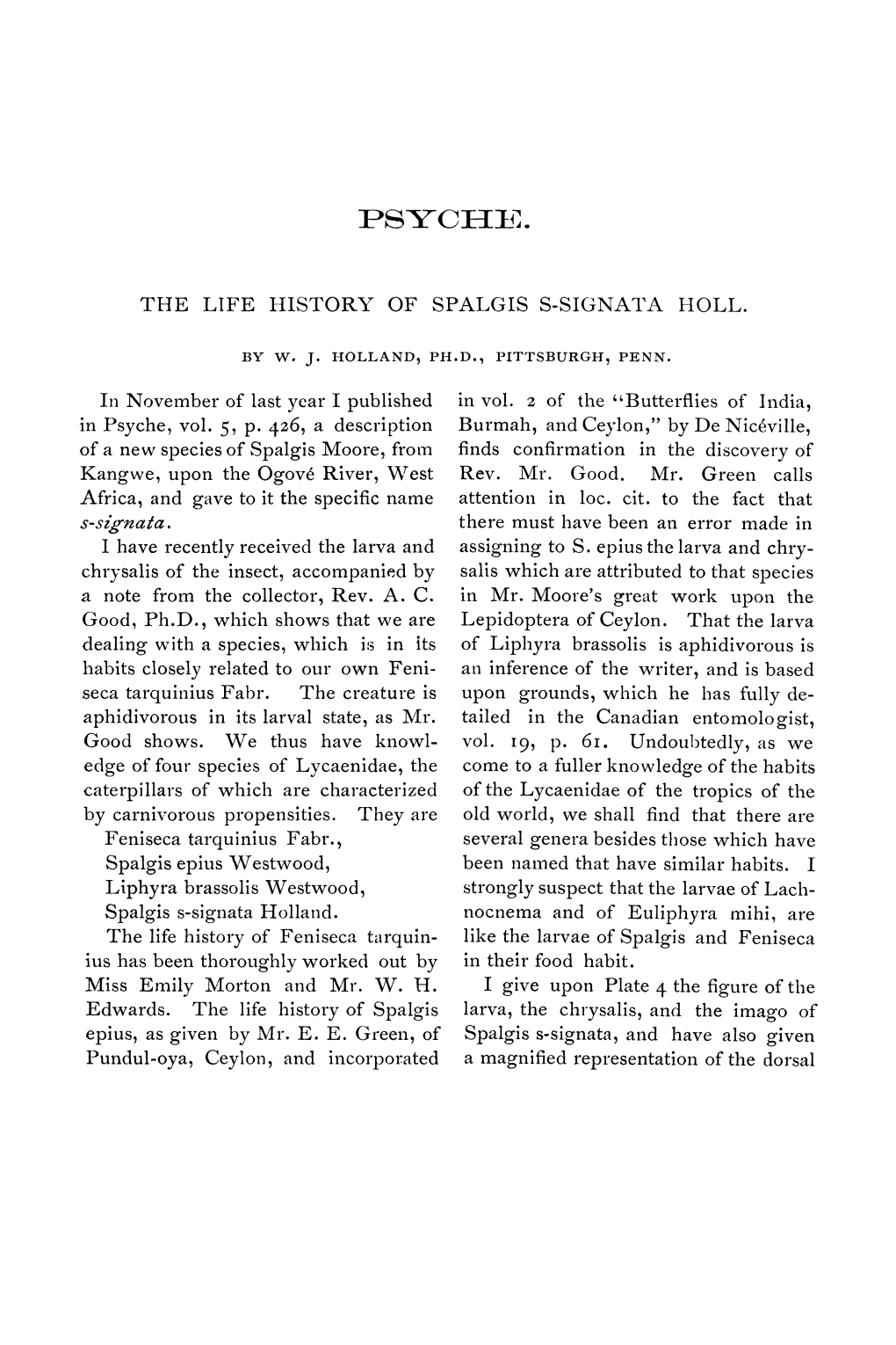 The Life History of Spalgis S-Signata Holl