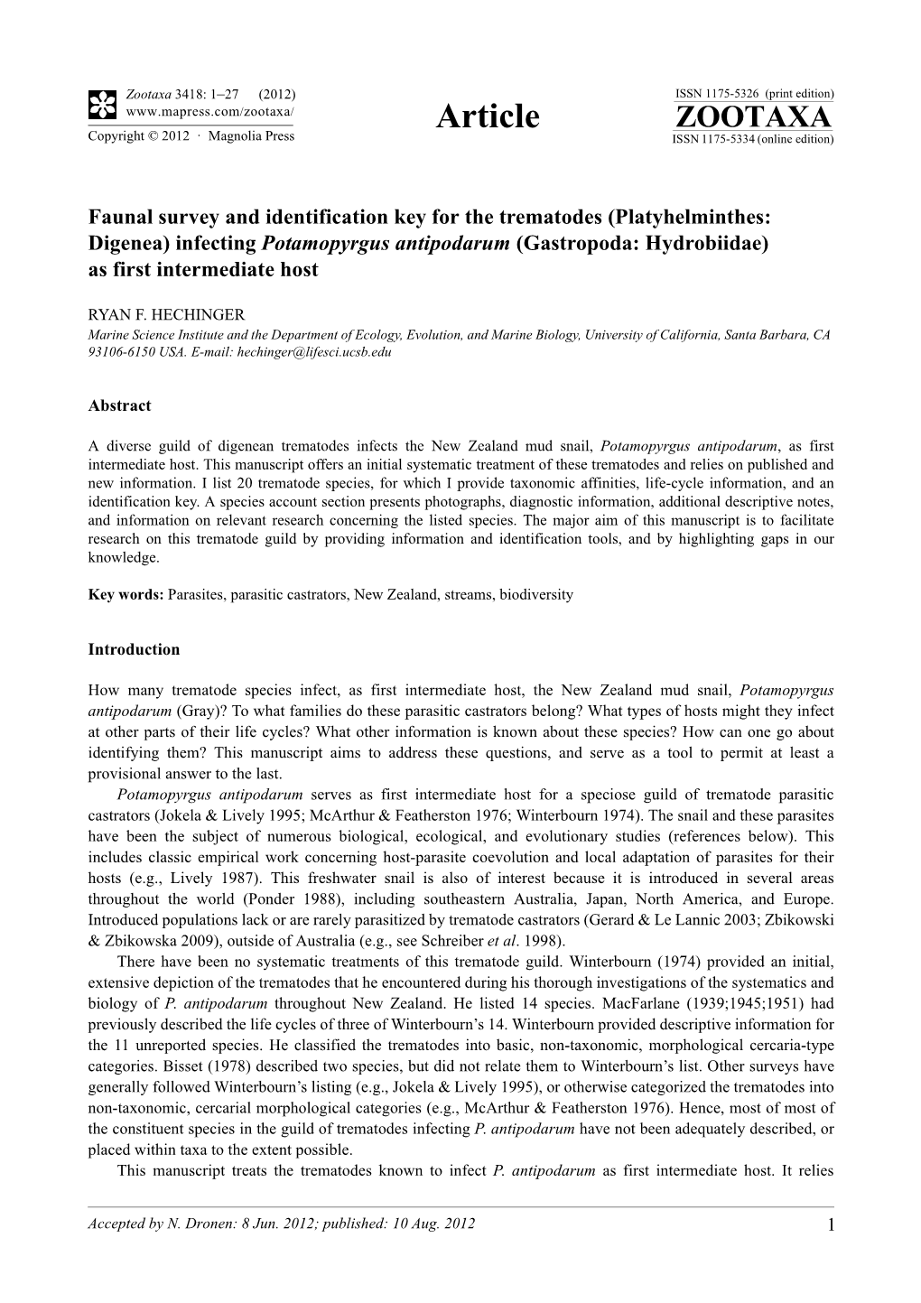 Faunal Survey and Identification Key for The