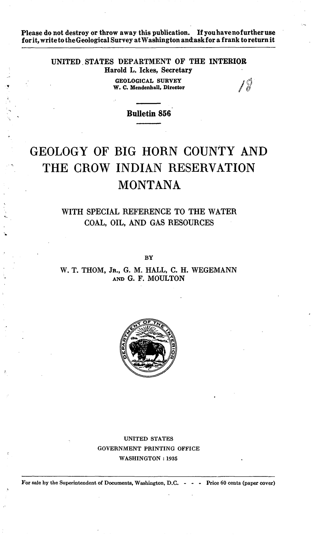 Geology of Big Horn County and the Grow Indian Reservation Montana