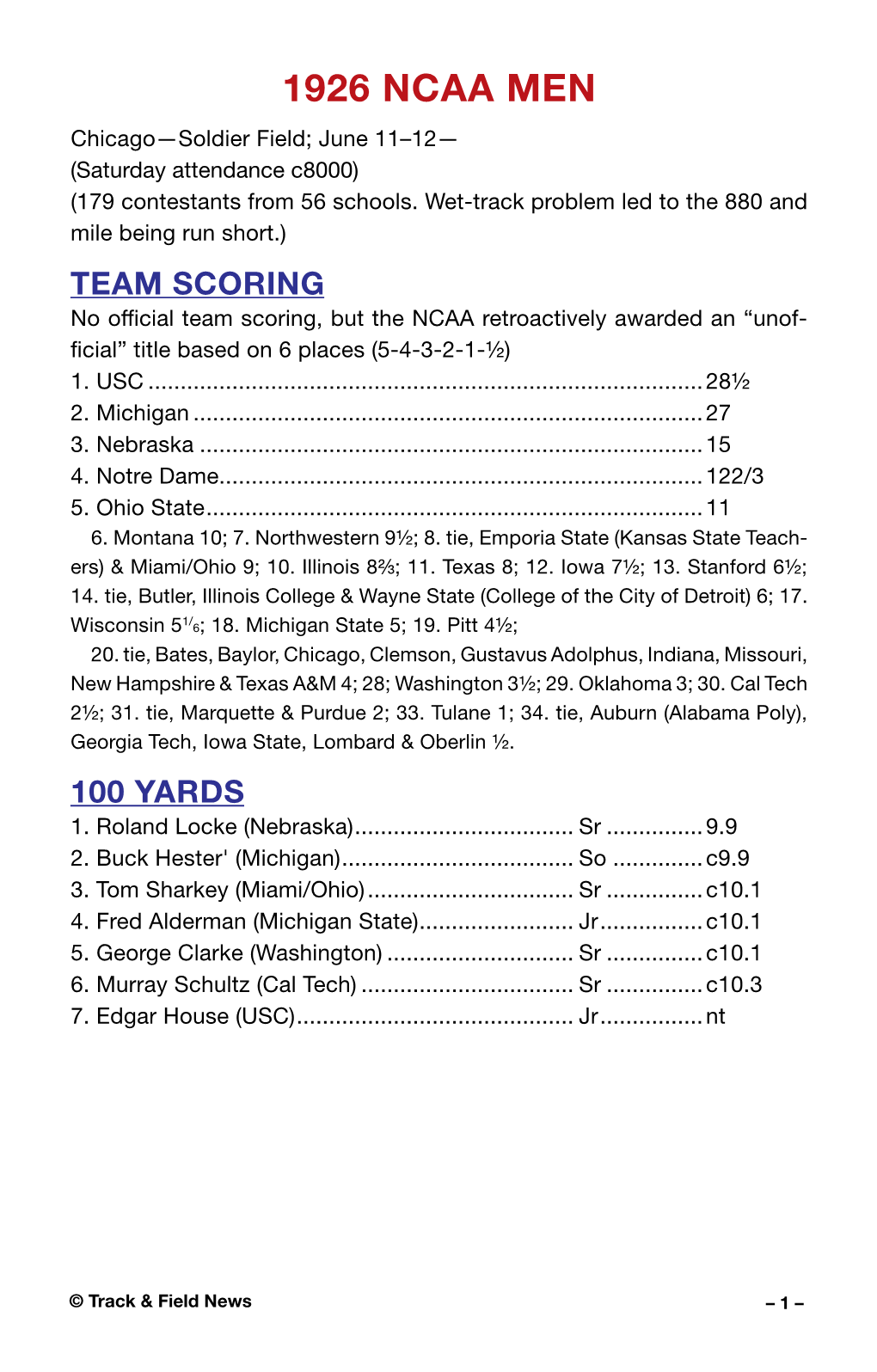 1926 NCAA MEN Chicago—Soldier Field; June 11–12— (Saturday Attendance C8000) (179 Contestants from 56 Schools