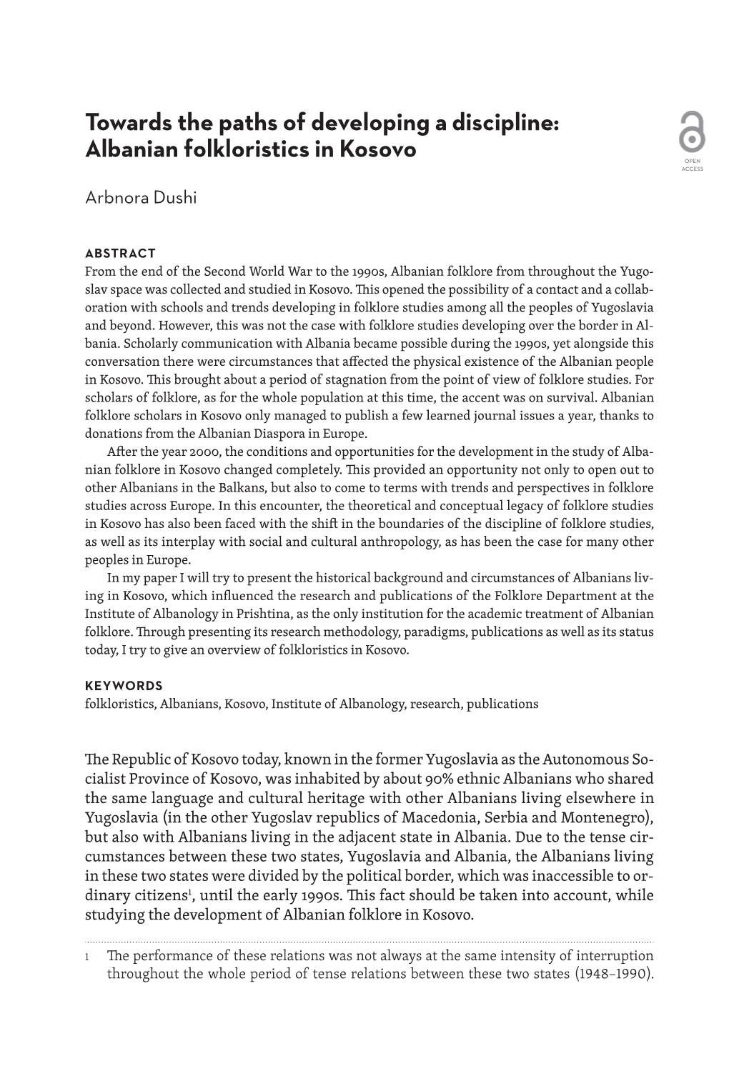 Albanian Folkloristics in Kosovo OPEN ACCESS Arbnora Dushi