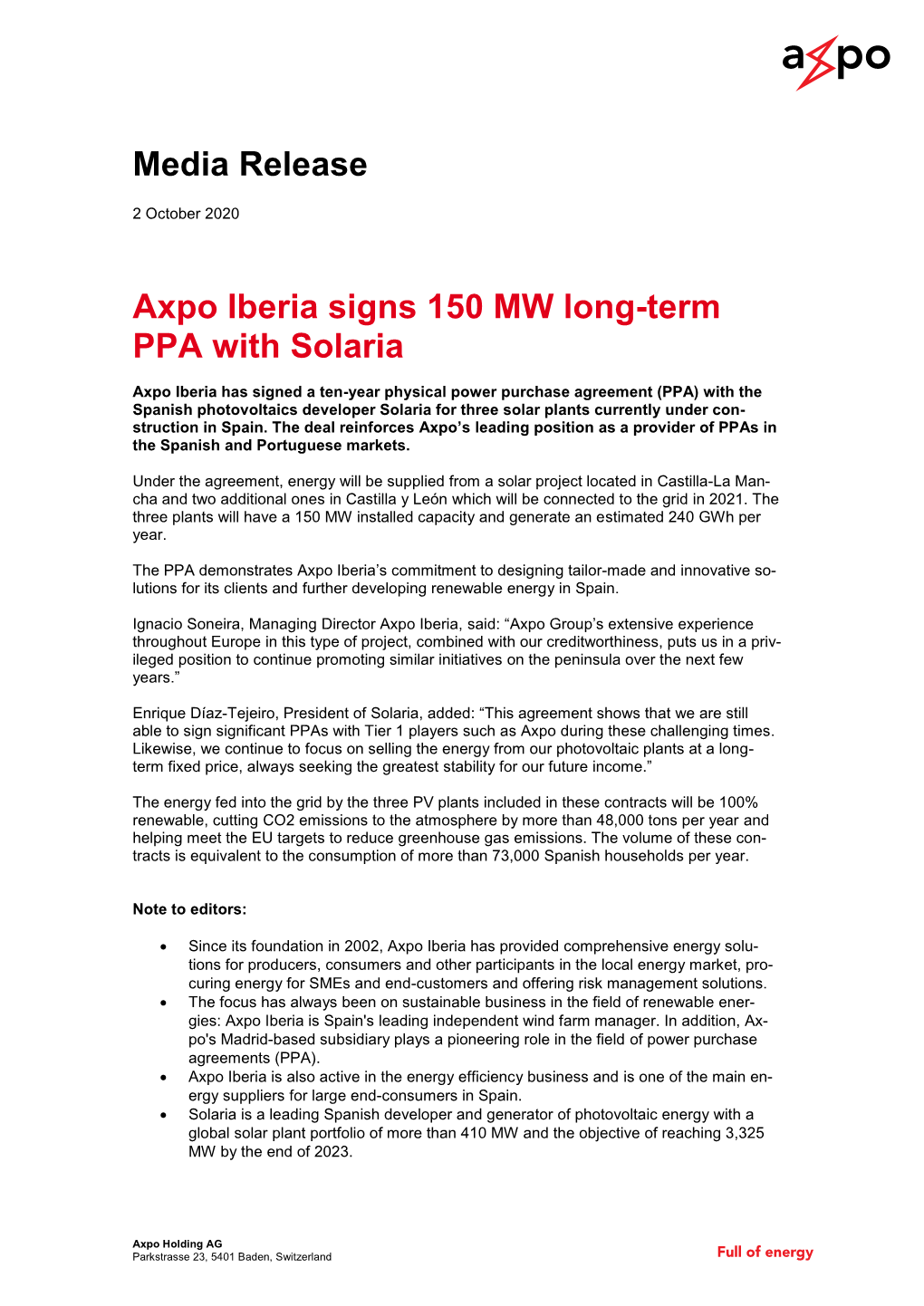 Media Release Axpo Iberia Signs 150 MW Long-Term PPA with Solaria