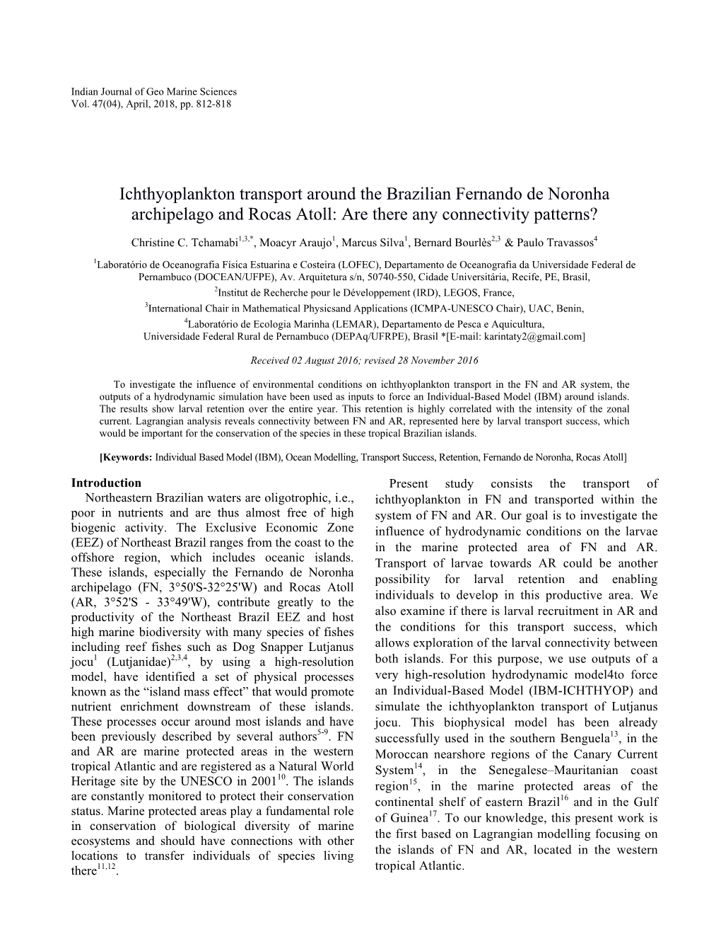 Ichthyoplankton Transport Around the Brazilian Fernando De Noronha Archipelago and Rocas Atoll: Are There Any Connectivity Patterns?