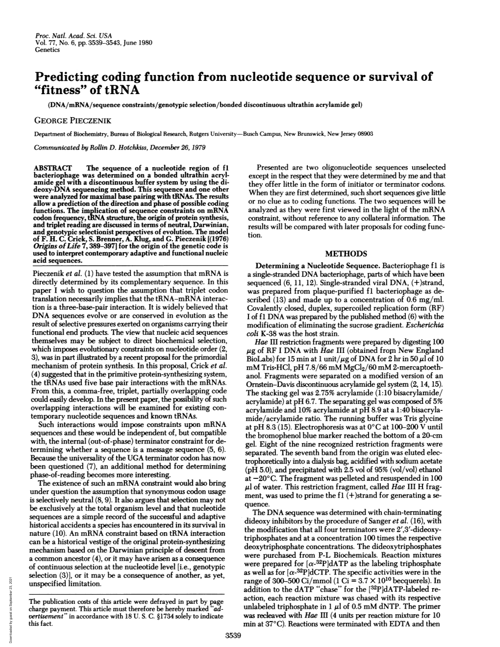 Predicting Coding Function from Nucleotide Sequence Or Survival of "Fitness" of Trna