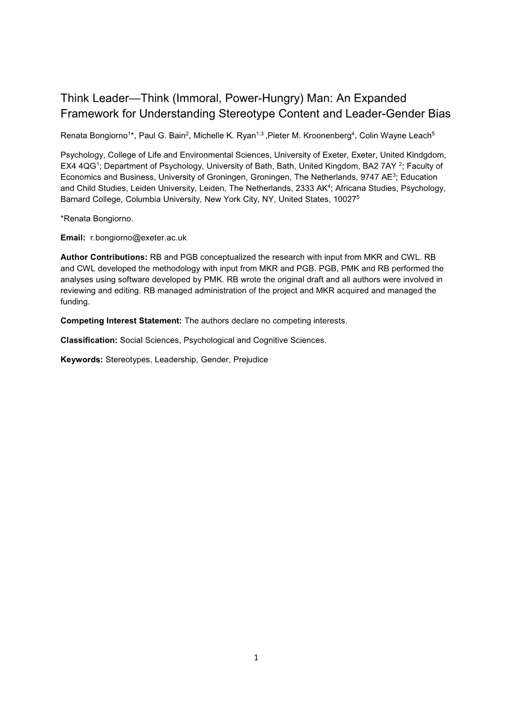 Think Leader—Think (Immoral, Power-Hungry) Man: an Expanded Framework for Understanding Stereotype Content and Leader-Gender Bias