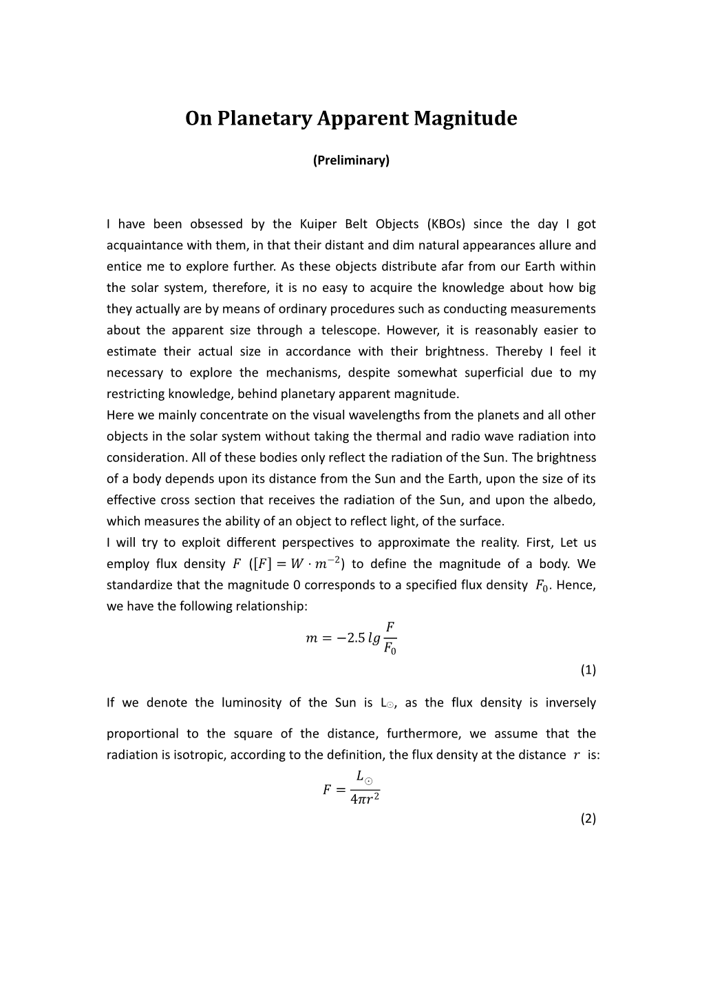 On Planetary Apparent Magnitude