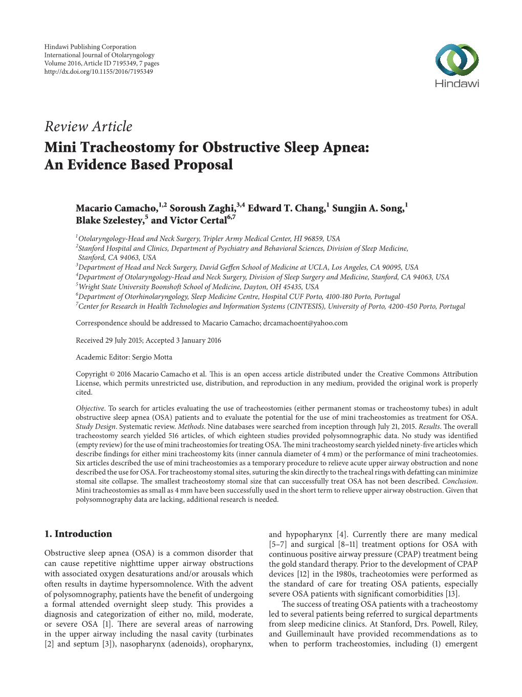 Mini Tracheostomy for Obstructive Sleep Apnea: an Evidence Based Proposal