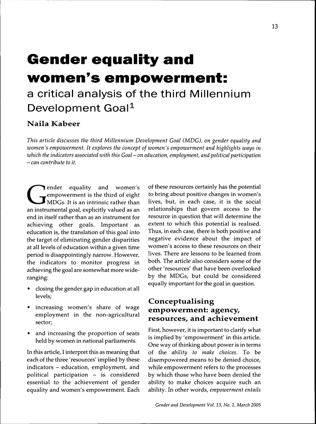 Gender Equality and Women's Empowerment: a Critical Analysis of the Third Millennium Development Goal^ Naila Kabeer