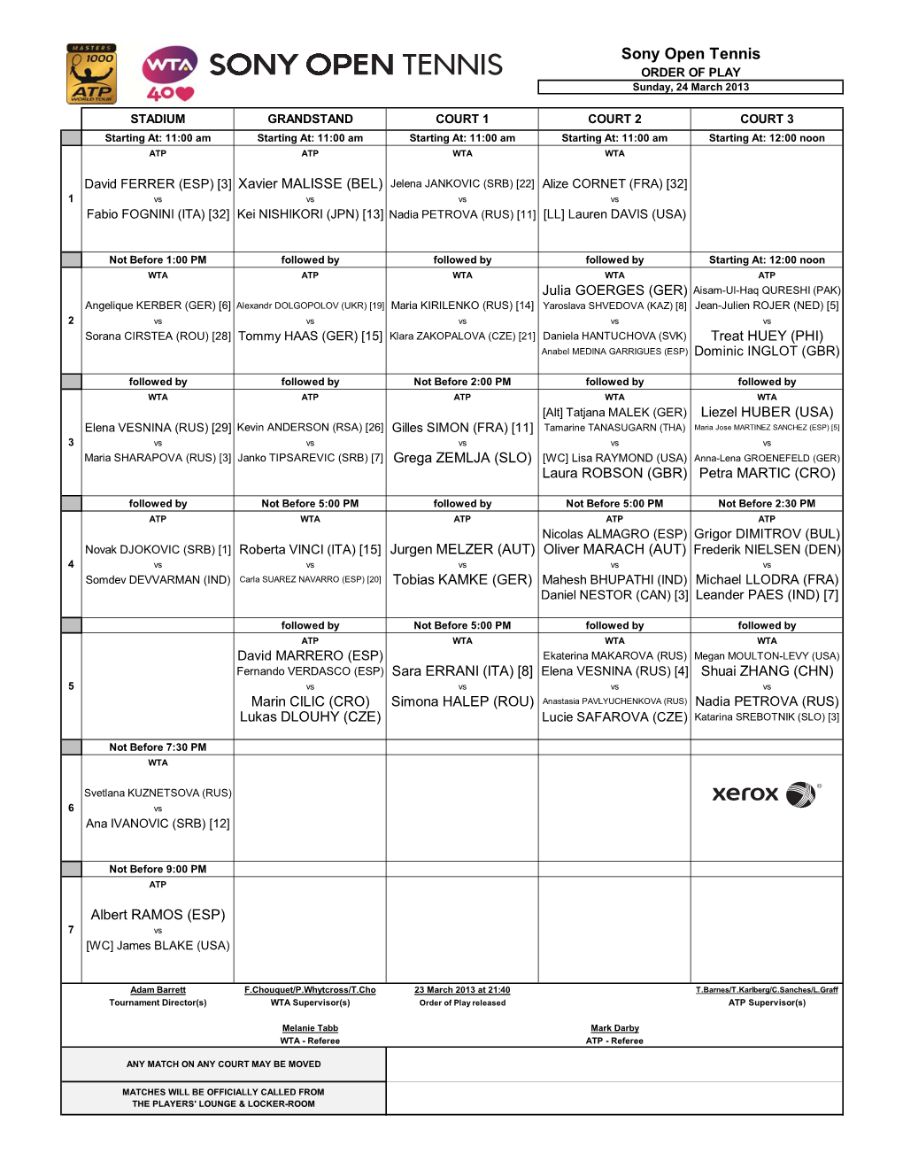 Sony Open Tennis ORDER of PLAY Sunday, 24 March 2013