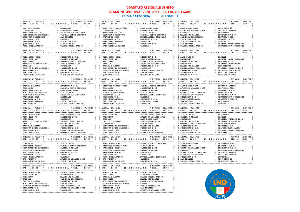 Comitato Regionale Veneto Stagione Sportiva 2020- 2021 – Calendario Gare Prima Categoria Girone: a