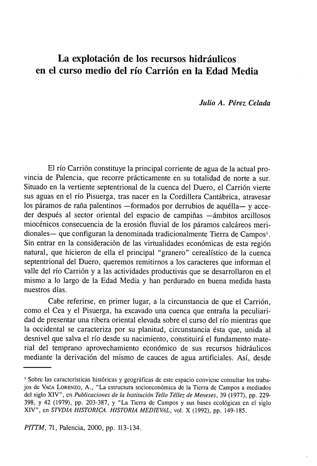 La Explotación De Los Recursos Hidráulicos En El Curso Medio Del Río Carrión En La Edad Media