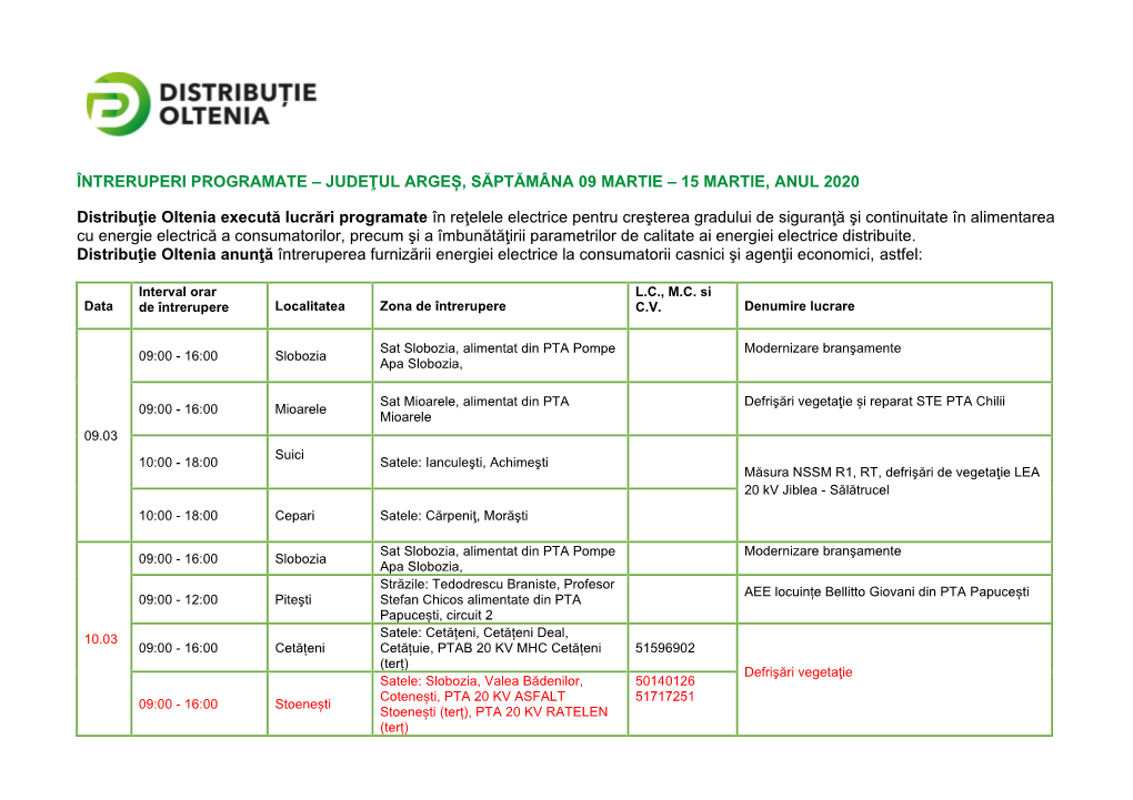 Întreruperi Programate – Judeţul Argeș, Săptămâna 09 Martie – 15 Martie, Anul 2020