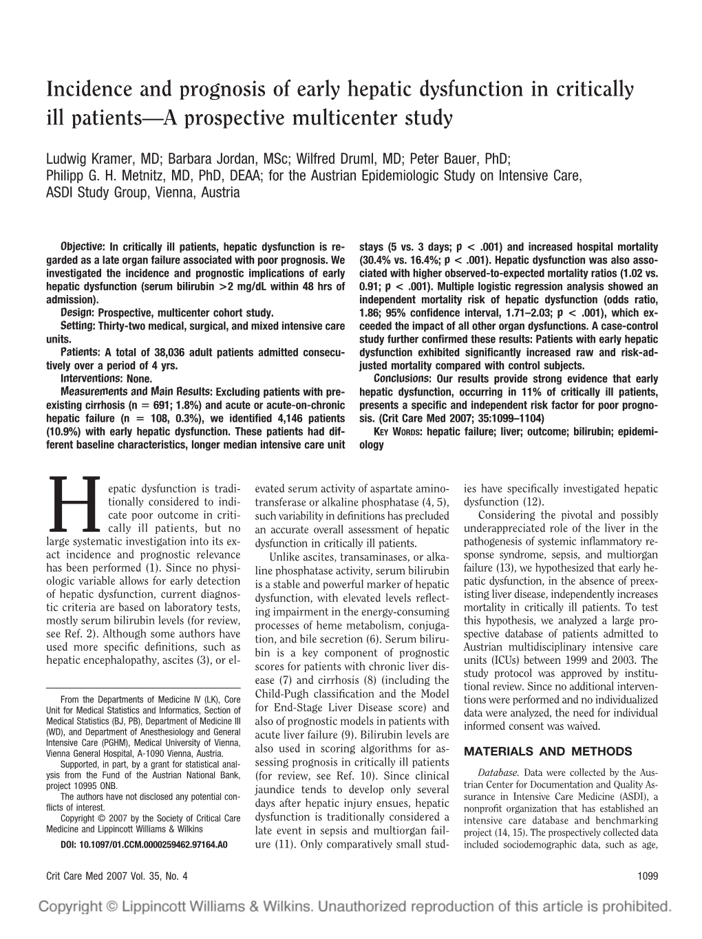 Incidence and Prognosis of Early Hepatic Dysfunction in Critically Ill Patients—A Prospective Multicenter Study