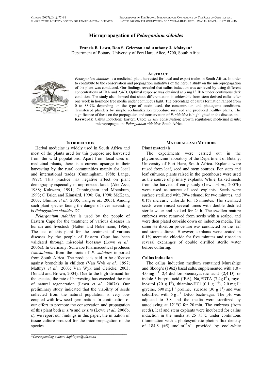 Micropropagation of Pelargonium Sidoides