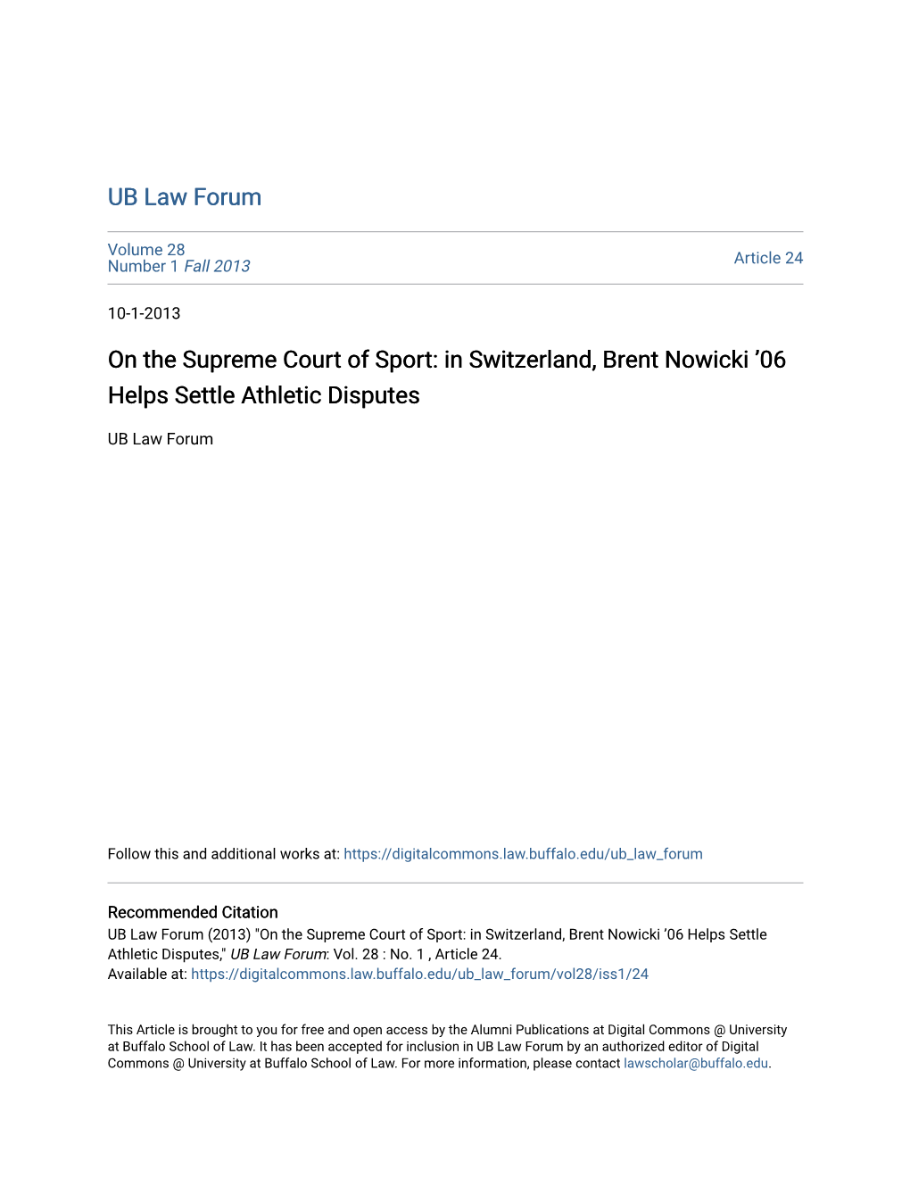 On the Supreme Court of Sport: in Switzerland, Brent Nowicki Â•Ž06