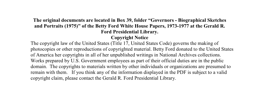 Governors - Biographical Sketches and Portraits (1975)” of the Betty Ford White House Papers, 1973-1977 at the Gerald R