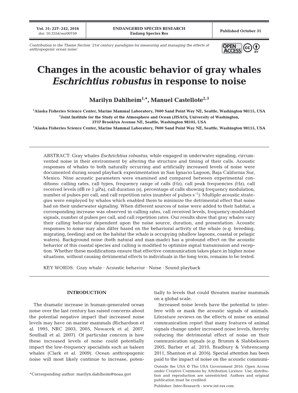 Changes in the Acoustic Behavior of Gray Whales Eschrichtius Robustus in Response to Noise