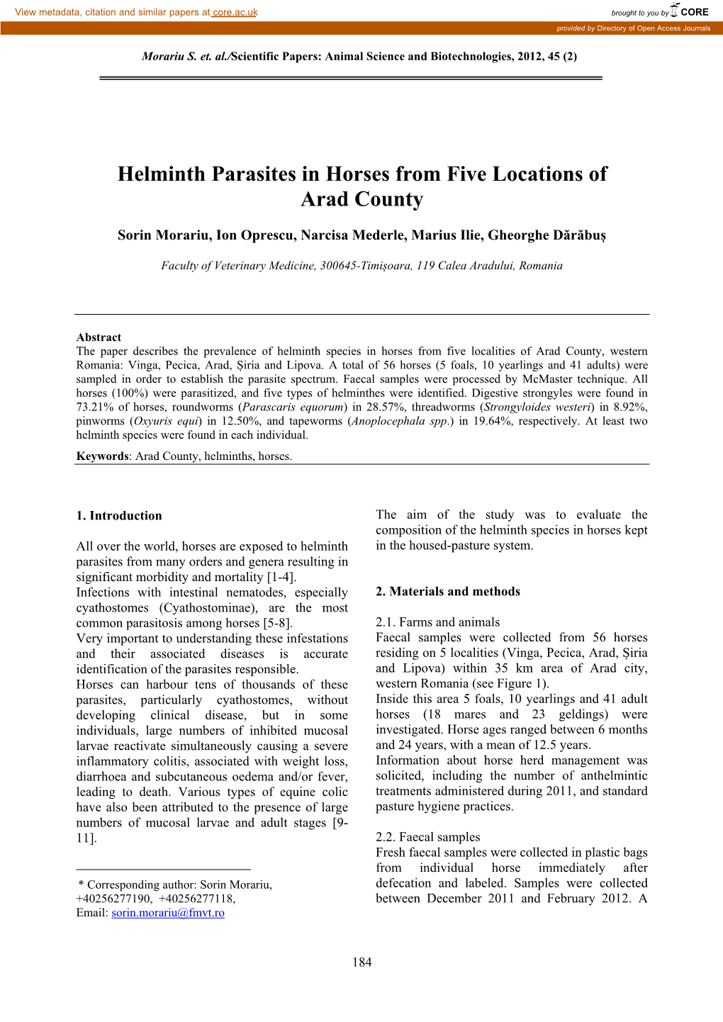 Helminth Parasites in Horses from Five Locations of Arad County