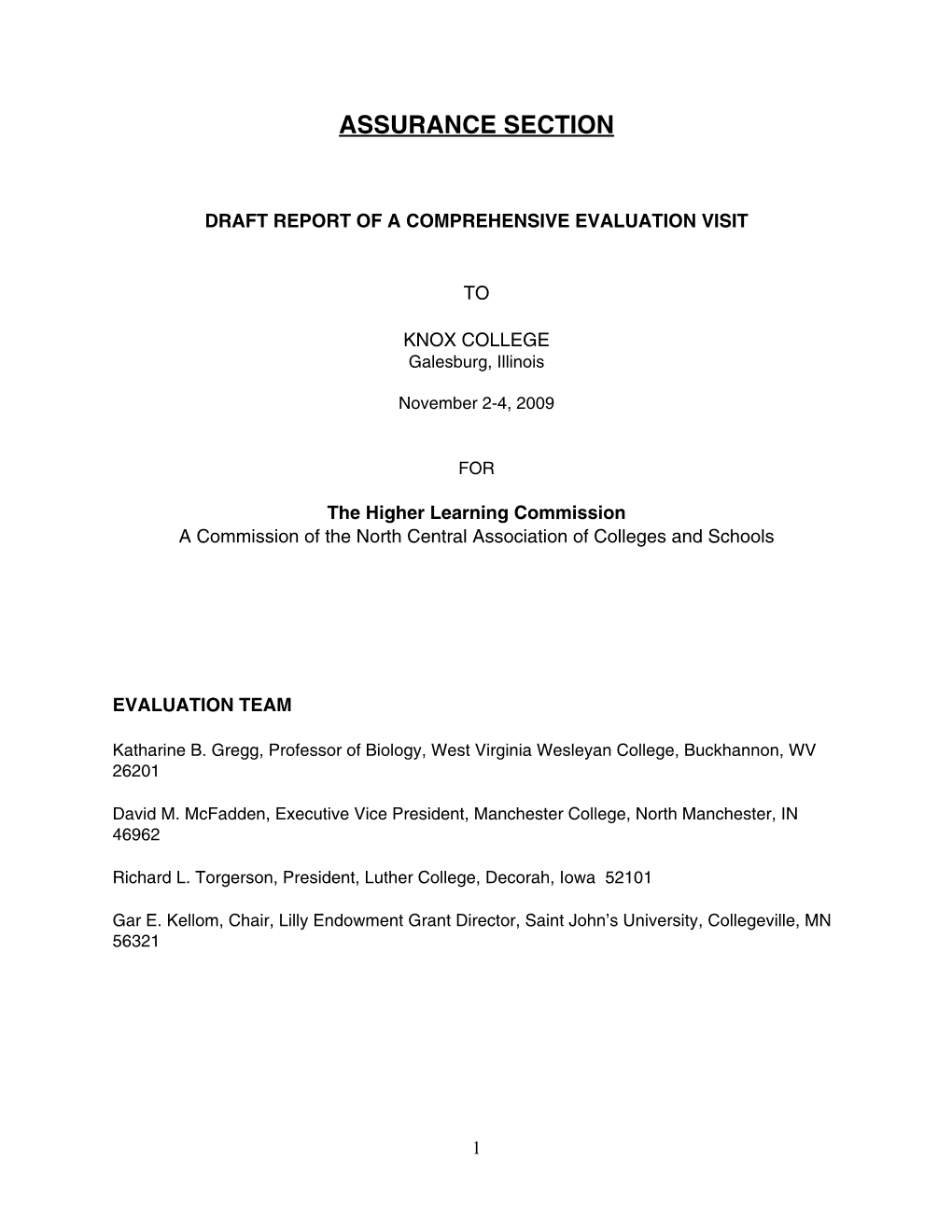 Higher Learning Commission Report of a Comprehensive